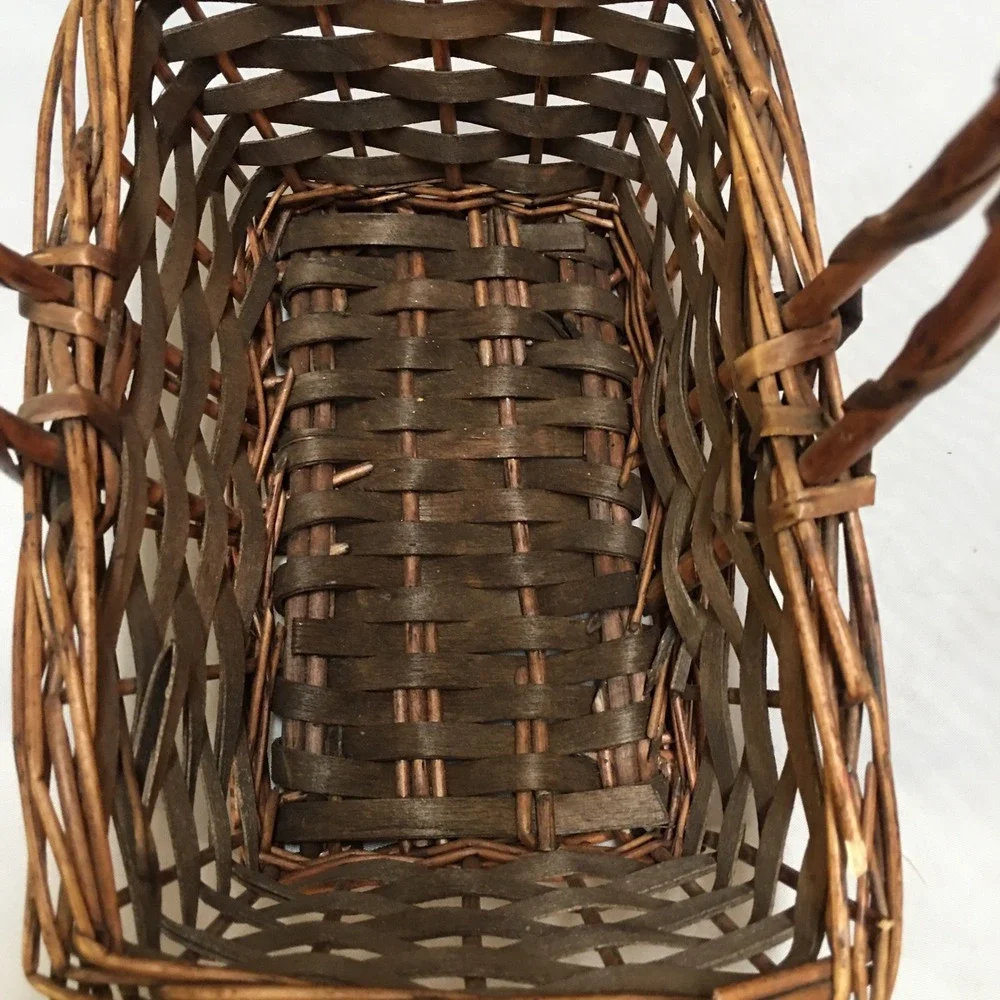 Woven Wicker Basket Unisex Small Brown Rustic Rectangular Handle Cottagecore
